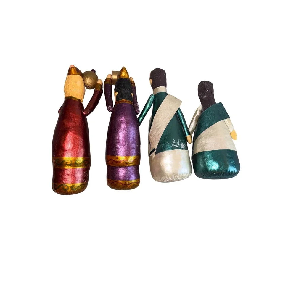 Vtg Folk Art Nativity Set 4 Piece Metallic Fabric‎ Mary Three Wise Men Figures